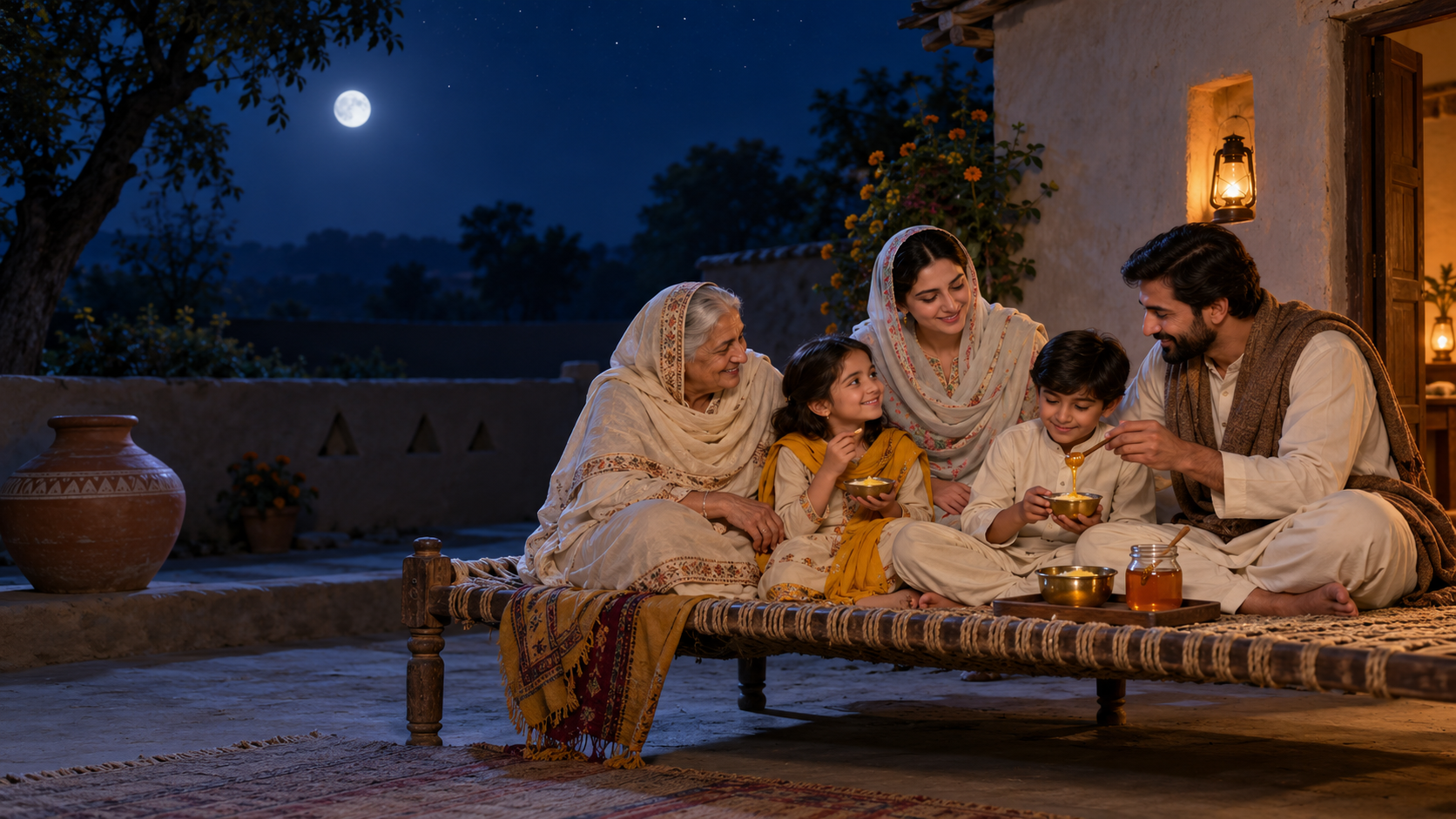 Pakistani family charpai par raat ko desi ghee aur shehad ka zaiqa leti hui